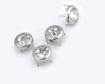 Silver rivets with Rhinestones, round, 7 mm - 10