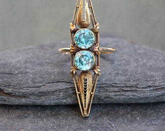 Victorian Cannetille Blue Zircon Ring in 14k Yellow Gold - JL683