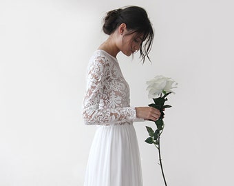 Sheer Wedding dress, Long sleeves Chiffon Dress, Wedding Dress with Train, Ivory wedding dress, Ivory Wedding Gown, Sheer Wedding Dress 1186
