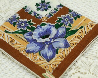 Brown White Blue Floral Vintage Hankie S6