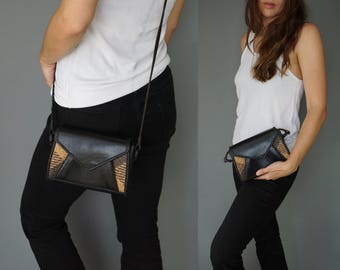 Vtg Small Leather & Rattan Woven Wicker Purse || Cross body Bag || Black Leather Purse || Long Adjustable Strap || Free Ship in USA