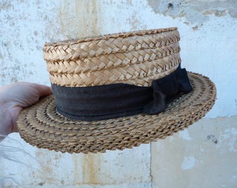 Vintage Antique French 1900s/1920s straw boater hat size 6 5/8