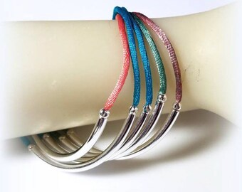 Silver or Gold Tube Cuff Bracelet for Women Multi Strand Jewelry Multicolor Ombre Satin Cord Friendship Stacked Aqua Teal Blue Pink Green