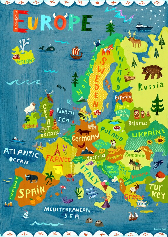 europe map illustration digital print poster kids room