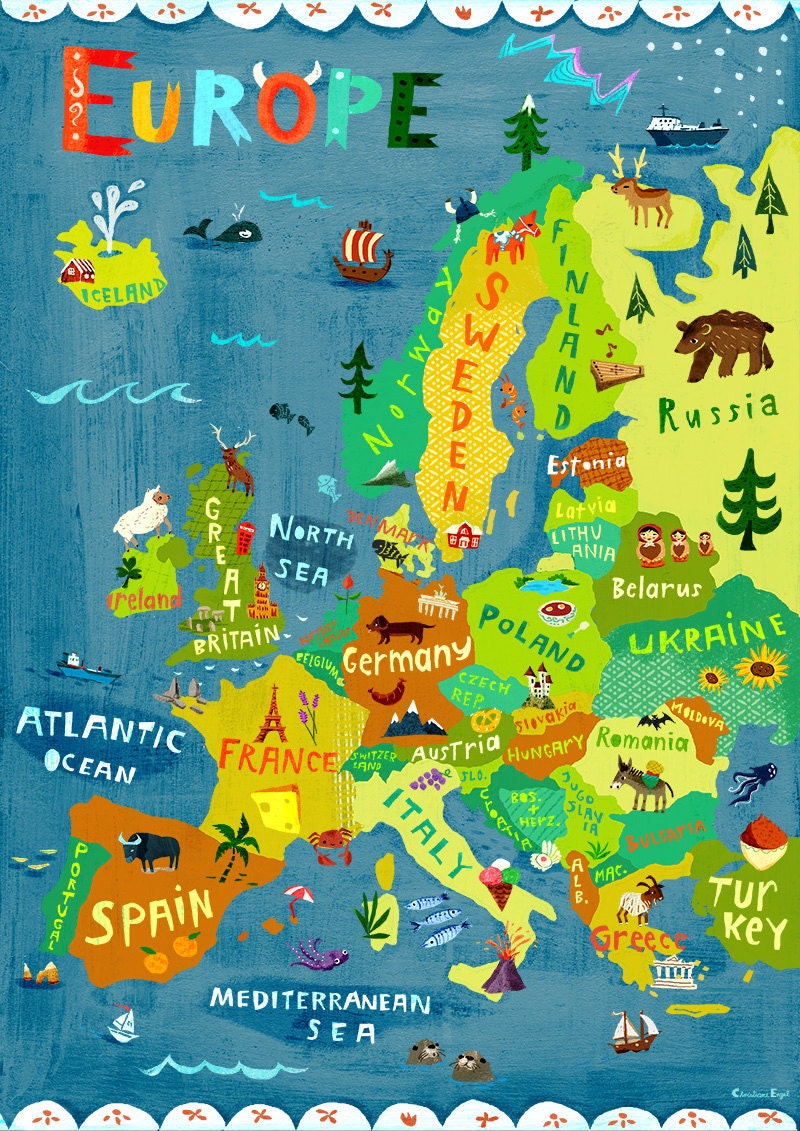 Europe Map Illustration Digital Print Poster Kids Room   Il Fullxfull.911551716 Adcv 