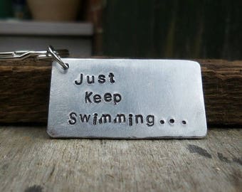 JUST KEEP SWIMMING Finding Nemo Dory Keyring Keychain Handmade Gift Gifts Cute her him Confidence Positive Thinking Personalised Free Post