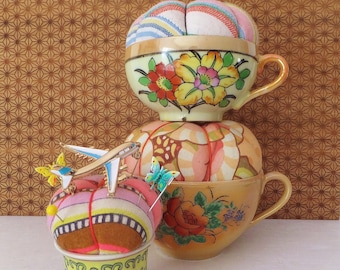 Colorful Pincushion Floral Pincushion Gypsy Bohemian Spring Decor Brooch Holder Vanity Pin Storage Tea Cup Pin Cushion Vintage Pin Cushion