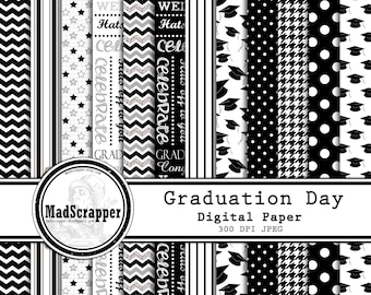 Digital Scrapbook Paper Graduation Day Black and White 12 Patterns 4 Solids 12 x 12 BONUS Clipart Instant Download