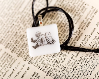 AA Milne fused glass necklace pendant (Christopher Robin and Winnie-the-Pooh) Gift Present