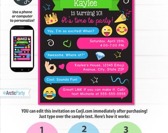 Emoji Invitations - Emoji Party Invitations - Emoji Birthday - Emoji Themed Party - INSTANT DOWNLO - Edit NOW from home using Corjl!