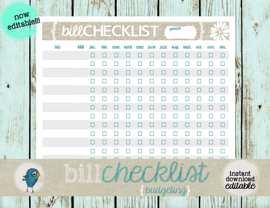 Bill Checklist: Printable Yearly Bill Checklist for your