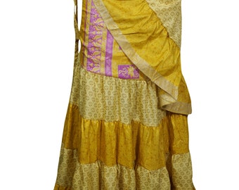 Sundance Love Ruffle Vintage Wrap Skirt Printed Upcycled Silk Sari Summer Fashion Long Skirts