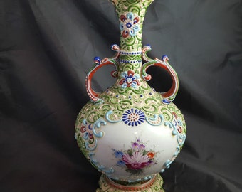 Antique Nippon Heavy Moriage Handled Footed Vase