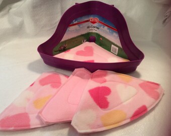 Pink Hearts Fleece Corner Litter Liner Pads Set of 4 for Ferrets Rabbits Guinea Pigs