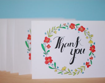 Set of 6 - Red Wreath of Whimsey Flowers - Thank You Note Card Set - Handdrawn - Original Design