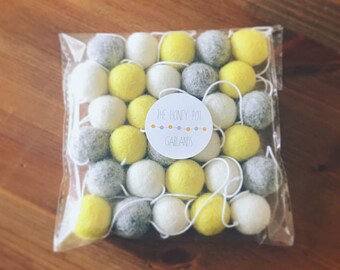 Yellow, grey & ivory felt ball garland