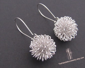 Dandelion Earrings, Silver Earrings, Jewelry, Drop Earrings, Dangle Earrings, Gift