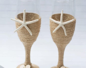 Beach Wedding Champagne Flutes Glasses Toasting Flutes Starfish Nautical Burlap Set Personalized