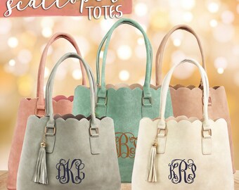 Monogrammed Spring Scalloped Faux Vegan Leather Totes with Tassels, Spring Monogram Purse, Personalized Mother's Day Gift