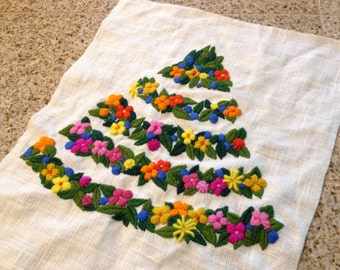 Christmas tree shape flower Crewel embroidery picture 1970s