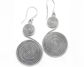 Handmade Sterling Silver Long Dangle Earrings, Tribal Boho Statement Earrings, Oxidized Black Double Spirals large earrings