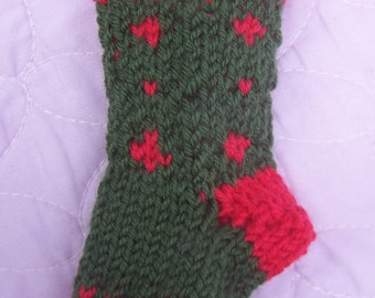 Handknit tree decoration, Patterned mini stocking, Christmas mini gift bag, Green mini stocking, Christmas decoration, Mini Xmas stocking