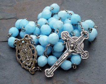 Czech Glass Rosary in Opaque Turquoise, 5 Decade Rosary, Catholic Rosary, December Rosary, Birthstone Rosary