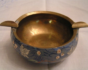 New Brass-Lined Hand-Painted Papier Mache Ashtray From Kashmir, India---Kingfisher Bird Design---From 1977