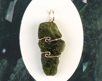 One Moldavite Wire Wrap Pendant! Meteorite! Natural & Genuine Raw Moldavites! .925 Sterling Silver! Synergy 12! Guarantee Card Included!
