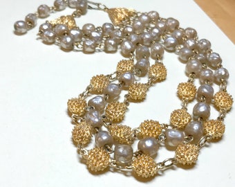 Vintage three strand faux pearl necklace with gold beads, 13.5 to 16 inches, multistrand pearl necklace, vintage gold necklace 1950s
