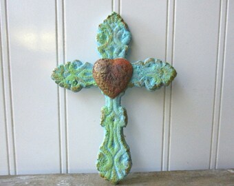 Cast iron heart cross faux verdigris wall hanging 6 inch metal cross aqua turquoise rusty Spiritual Christian Rustic decor small cross SA5