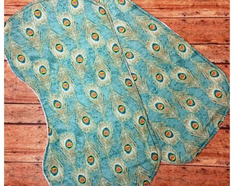 Peacock feather themed contoured burp cloth, Set of burp clothes, Baby girl burpies, Absorbent burp cloths, Babyshower gift idea