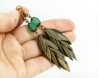 Gift for her Long earrings Tassel earrings Dangle earrings Gemstone earrings Leaf earrings Cluster earrings Green earrings Ethnic earrings
