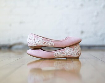 Blush Wedding Shoes, Wedding Flats, Blush Flats, Bridal Flats, Bridal Shoes, Bridesmaid Gift, Ballet Flats,Low Wedding Shoes with Ivory Lace