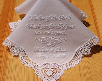 Embroidered Personalized Wedding Handkerchief with Claddagh Cluny Lace to Mother of Bride Monogrammed Custom(Hankie #7056.1 - S)