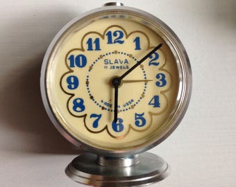 Vintage alarm clock "Slava" ,Soviet clock, Russian clock , Mechanical clock , Green clock , blue clock