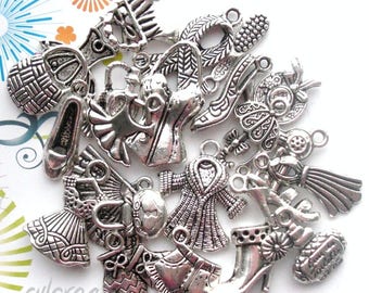 24 8-35 mm beauty mixed charms: dress, shoe, boot, perfume, clothing... etc in metal silver