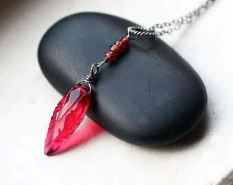 Red Quartz Necklace - Garnet Necklace - Garnet Jewelry - January Birthstone - Leaf Necklace - Sterling Silver Necklace - Red Necklace
