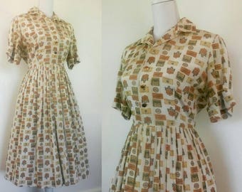 1950s Shirtwaist Dress novelty print summer dress wine tags A Carol Cook Fashion size M/L