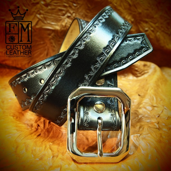 Leather Belt Hand Tooled Black Western/ Native border Custom made for YOU in New York City by Freddie Matara