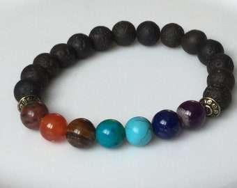 Bracelet pierre de lave 7 chakras,Bracelet Mala 21 pierres sur elastique résistant, pendentif Fleur de lotus,