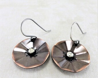 Copper Earrings ~ Flower Earrings ~ Round Dangle Earrings ~ Nature Earrings ~ Mixed Metal Earrings ~ Drop Earrings ~ Primitive Earrings