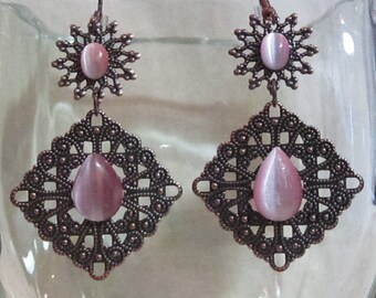 Antique Copper With Pink Cats Eye Earrings
