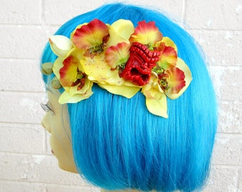 Tropical Flower, Tiki Flower, Yellow Orchid,Tropical Hair Clip, Pinup Hair Clip - Yellow Orchid Tiki Hair Comb