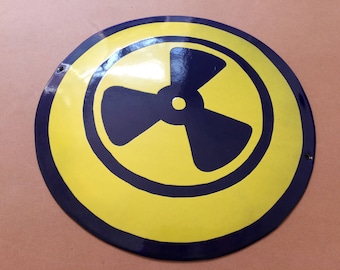 Vintage Tin Enamel Porcelain Sign Industrial Warning Radiation Ventilation 1970's Very Rare Yellow Blue Man Cave Safety Sign
