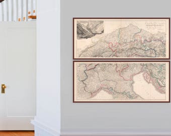 Map of the Alps, Northern Italy, France | Vintage Historical Map: Interlaken, Lake Lucerne, Montreux, Zermatt, Aosta, Cortina