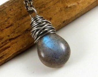 Labradorite Necklace Gemstone Jewelry Wire Wrap Necklace Blue Flash Labradorite Gifts for Her