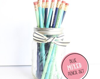 School Supplies Pencil Set | Teacher Gift Personalized Pencils | Quote Pencils | Shades of Blue Gold Foil Pencils | Imprinted Pencils