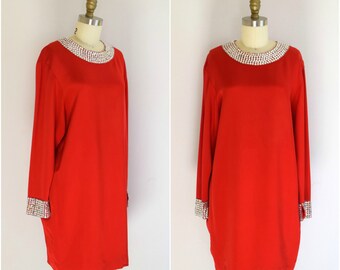 Pamela Dennis Red Dress/ 1980s Holiday Sequin Dress/ Christmas Shift Dress/ NYE/ Womens Size Small to Medium