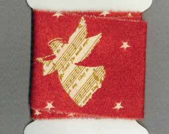 angles ribbon,music ,Christmas ribbon, red ribbon,Primm, hand made ,torn 3 " wide, frayed fabric,gift wrap, trim card making 1336 52